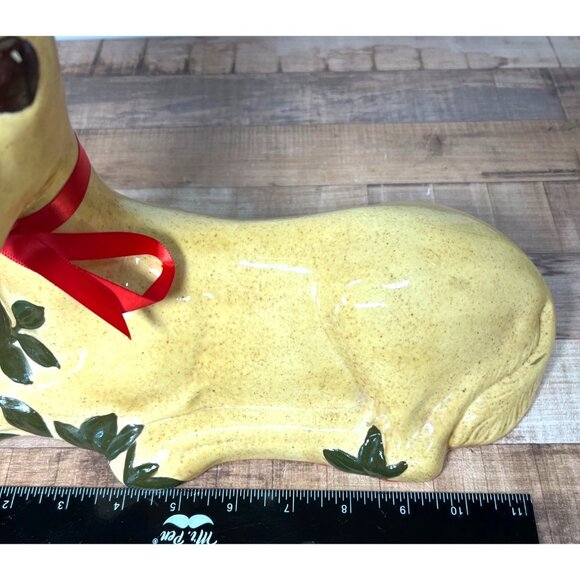 Vintage Ceramic Fawn Figurine With Red Ribbon & Leaf Design  12.5" Length Large - Picture 4 of 6